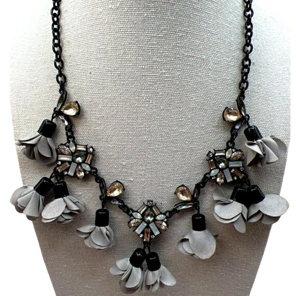 INC Statement Necklace With Fabric Flowers & Crystal Accents.  C16 - Picture 2 of 13